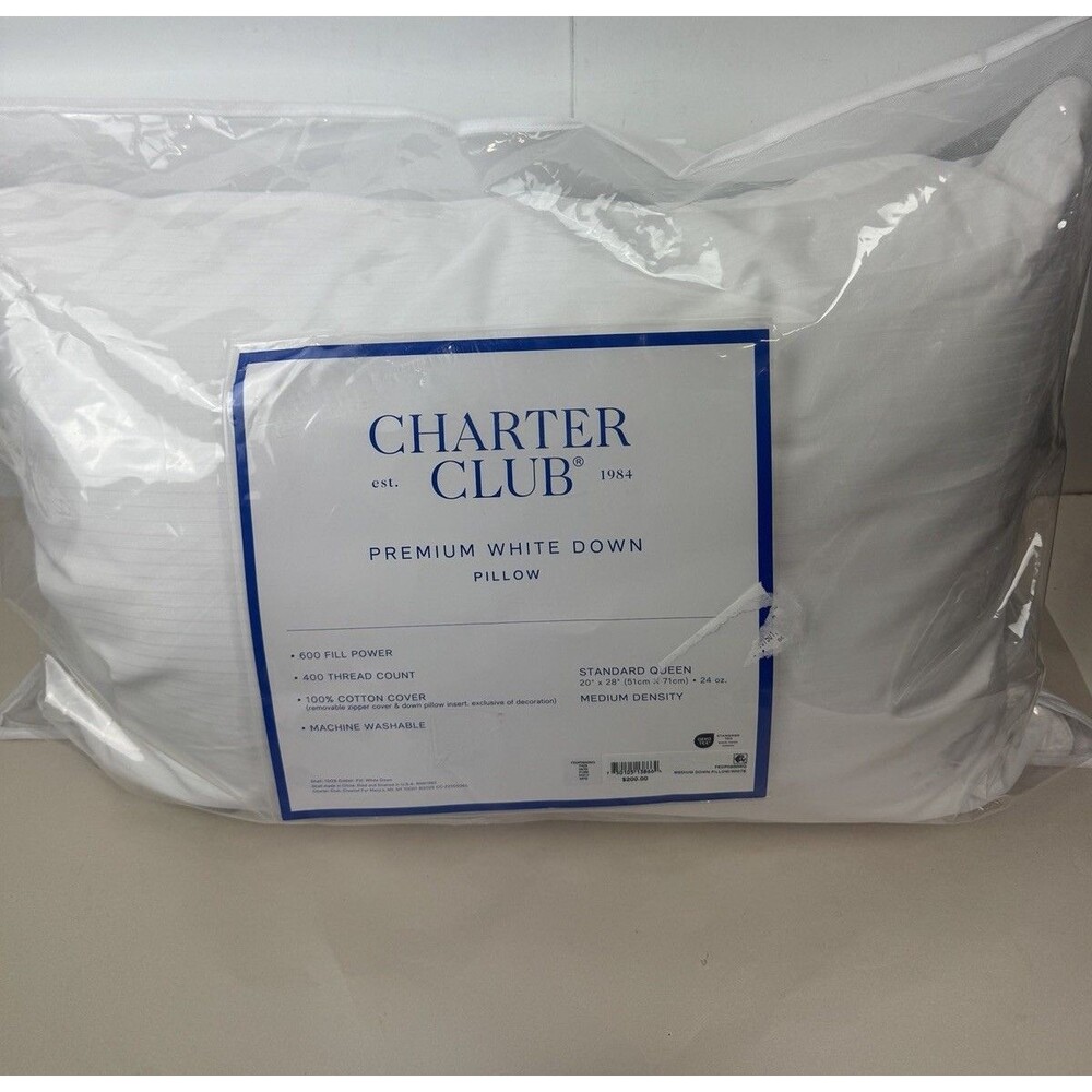 Charter Club White Down Medium Density Pillow, Standard/Queen $200